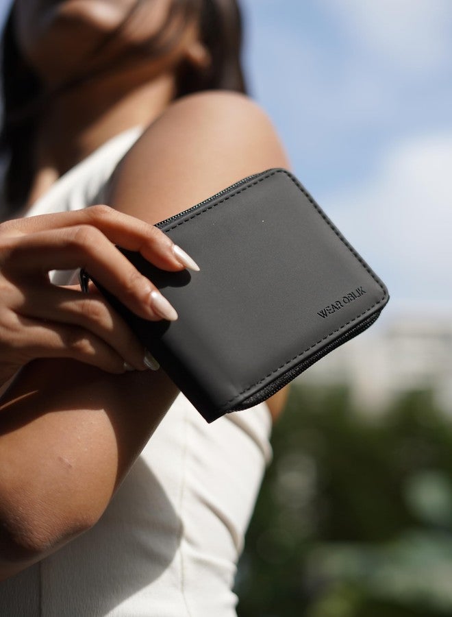OBLIK Corsa Billfold - Women's Wallet | Compact Zip Around Wallet - 3 Card Slots with Separate Currency and Coin Compartments | Black Vegan Leather - Image 4